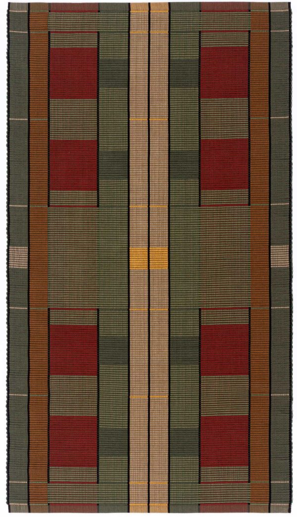 handwoven rep weave rug, arts & crafts design, red, dusty green black, machine washable, cotton poly by kelly marshall