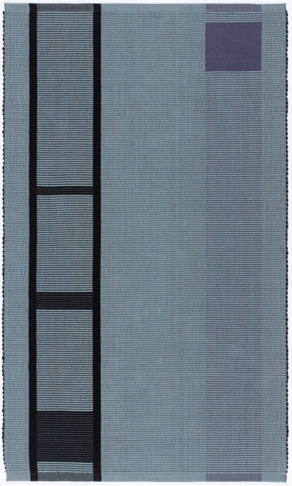 hand-woven rug, modern design, grey blue, grey lavender, black, cotton/poly machine wash. Rep weave